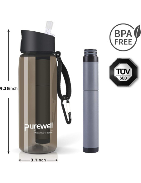 Botella de Agua Filtrada Purewell 1500L Libre de BPA Negra