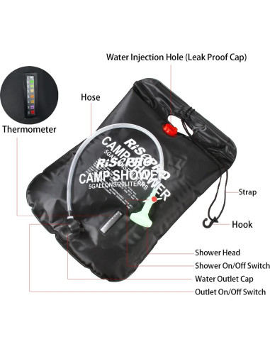 Bolsa de Ducha Solar RISEPRO 20L Calentamiento 45C Camping