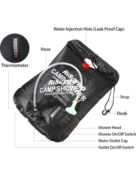 Bolsa de Ducha Solar RISEPRO 20L Calentamiento 45C Camping