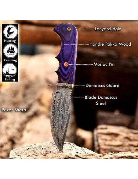 Cuchillo de Caza Damasco FAIQENTERPRICE 25.4 cm Mango Madera