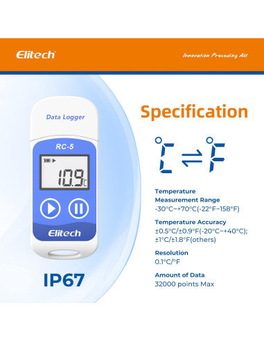 Registrador de Datos de Temperatura Elitech RC-5 5 Paquete