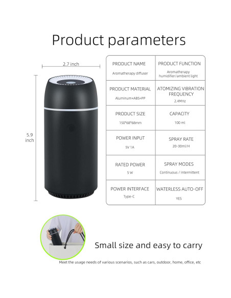 Difusor de Aromaterapia para Coche Szyuwolf 100ml USB Negro