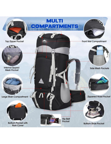 Mochila de Senderismo IGOLUMON 60L Impermeable Negra