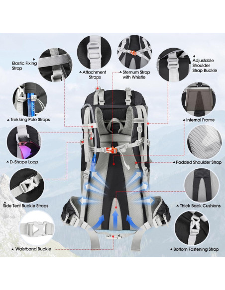 Mochila de Senderismo IGOLUMON 60L Impermeable Negra Mochila de Senderismo IGOLUMON 60L Impermeable Negra