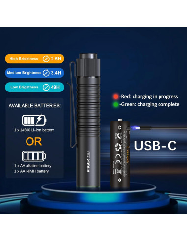 Linterna EDC VTIGER T1A Recargable 1300 Lúmenes Compacta