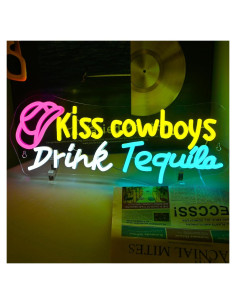 Letrero Neon Kiss Cowboy Drink Tequila LED 28x43cm Decoración Bar