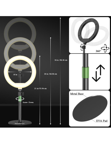 Luz de Anillo LED AorPixun 10'' con Soporte y Tripode