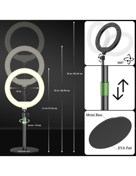 Luz de Anillo LED AorPixun 10'' con Soporte y Tripode