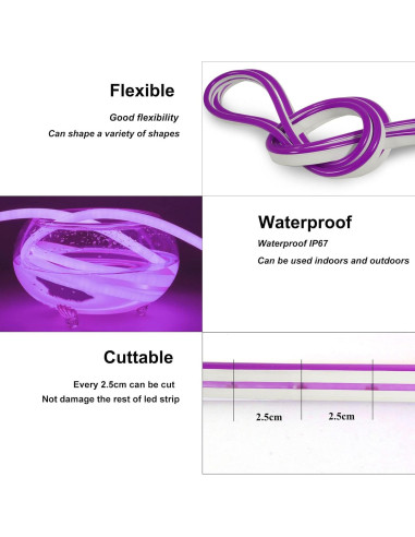 Luz de tira LED de neón morado 5M YM E-Bright impermeable