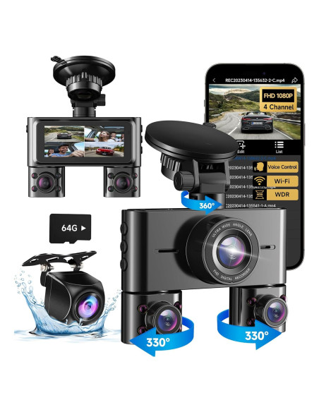 Cámara Dash 360 HUPEJOS V7 4 Canales FHD 1080p Wi-Fi 64GB