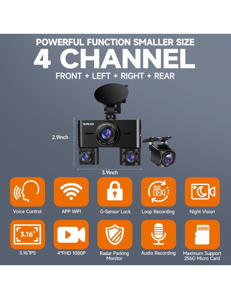 Cámara Dash 360 HUPEJOS V7 4 Canales FHD 1080p Wi-Fi 64GB