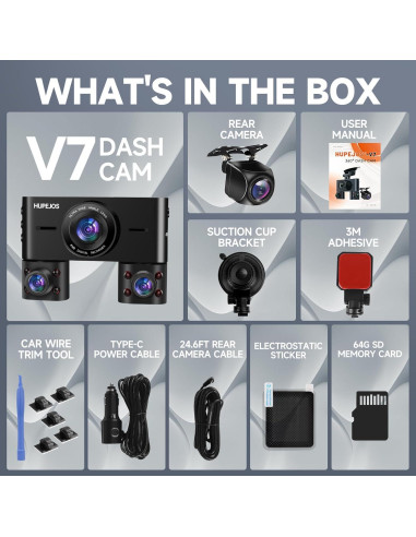 Cámara Dash 360 HUPEJOS V7 4 Canales FHD 1080p Wi-Fi 64GB