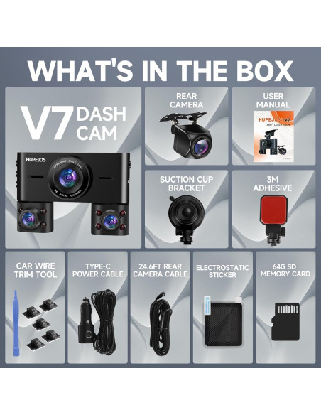 Cámara Dash 360 HUPEJOS V7 4 Canales FHD 1080p Wi-Fi 64GB