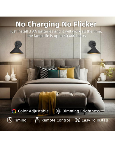 Juego de 2 Apliques de Pared Inalámbricos LED ZornLots Negro