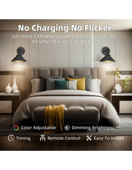 Juego de 2 Apliques de Pared Inalámbricos LED ZornLots Negro