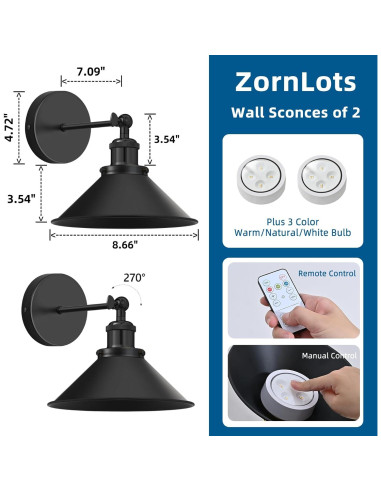 Juego de 2 Apliques de Pared Inalámbricos LED ZornLots Negro
