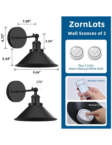 Juego de 2 Apliques de Pared Inalámbricos LED ZornLots Negro