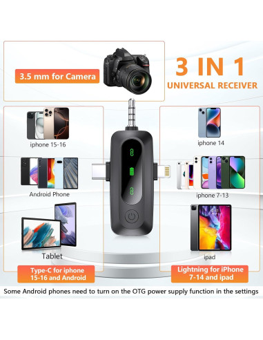 Micrófono Lavalier Inalámbrico 3 en 1 para iPhone y Android