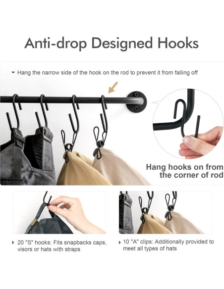Soporte para Sombreros Mkono Negro, Organizador de Pared 20 Ganchos