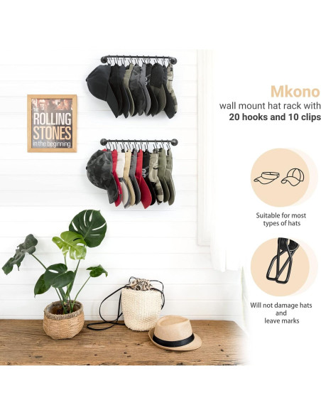 Soporte para Sombreros Mkono Negro, Organizador de Pared 20 Ganchos