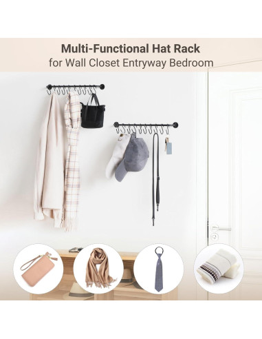 Soporte para Sombreros Mkono Negro, Organizador de Pared 20 Ganchos