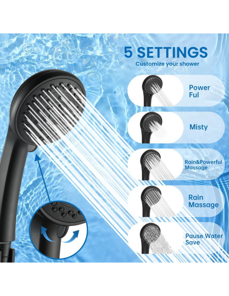 Cabezal de Ducha Axioblis 5 Funciones Alta Presión Negro Mate