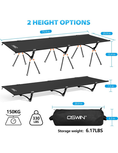Cama de Camping OSWIN Plegable Ultraligera 150 kg Negra