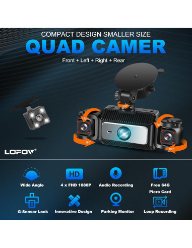Cámara Dash 360 4 Canales LOFOV FHD 1080P con SD 64GB