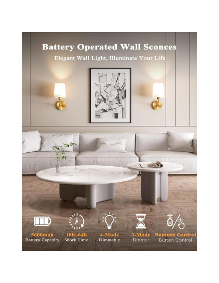 Juego de 2 Apliques de Pared Inalámbricos Ouyulong Dorado