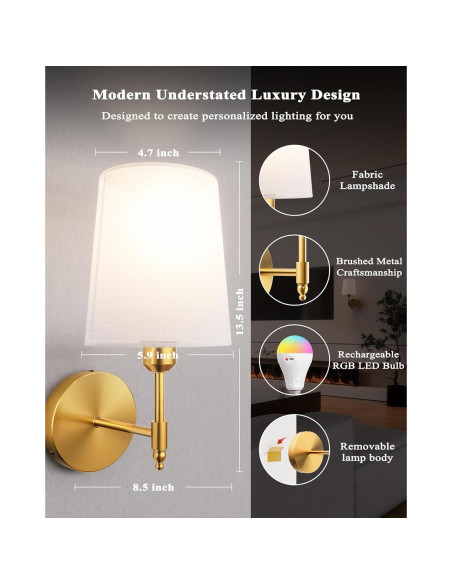 Juego de 2 Apliques de Pared Inalámbricos Ouyulong Dorado