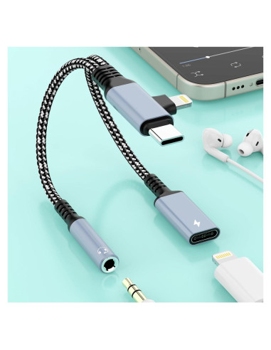 Divisor de Cable Carga y Auriculares Lightning USB C Gris