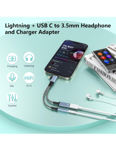 Divisor de Cable Carga y Auriculares Lightning USB C Gris