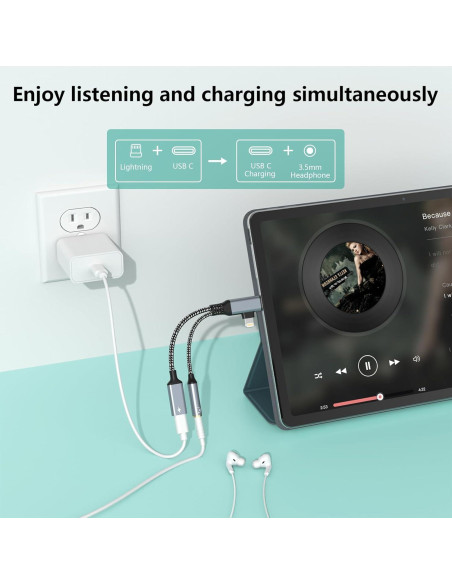 Divisor de Cable Carga y Auriculares Lightning USB C Gris