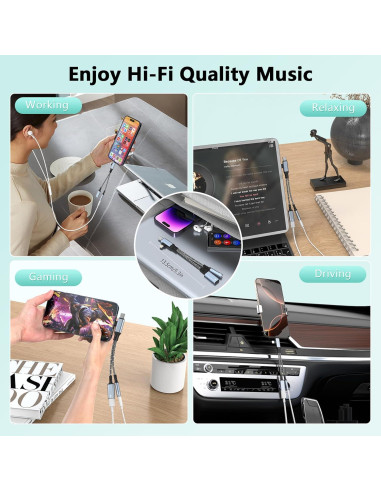 Divisor de Cable Carga y Auriculares Lightning USB C Gris