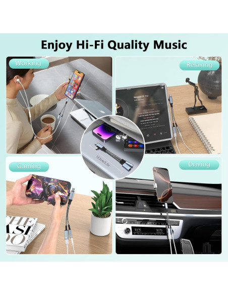 Divisor de Cable Carga y Auriculares Lightning USB C Gris