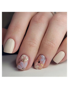 Uñas Postizas Cortas Beige Stbisen con Flores y Acabado Brillante