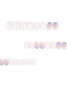 Uñas Postizas Cortas Beige Stbisen con Flores y Acabado Brillante 2