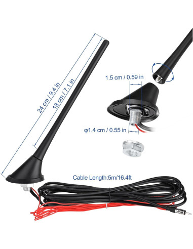 Antena Amplificada FM/AM Eightwood para Coche 12V 4.88m