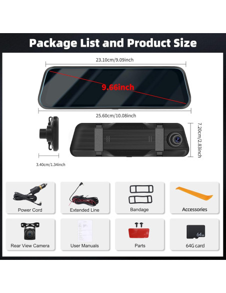 Cámara Espejo Dash UNITOPSCI 1080P 9.66" Pantalla Táctil