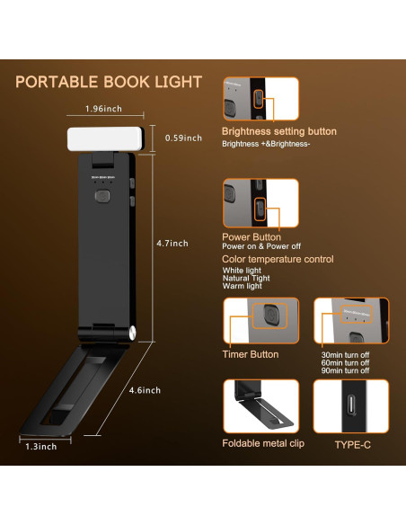 Luz de lectura recargable SRTCLLT 1500mAh 3 colores ajustables