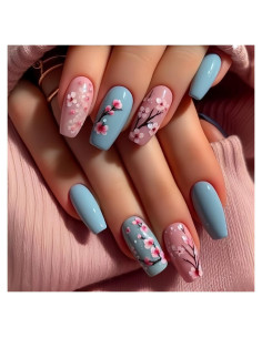 Uñas Postizas Florales Azules TBRZTR 24 Piezas Acrílicas