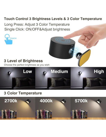 Aplique de Pared LED AKSDA con Batería Recargable 3 Brillos