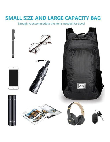 Mochila Plegable 20L Resistente al Agua para Senderismo - Negra