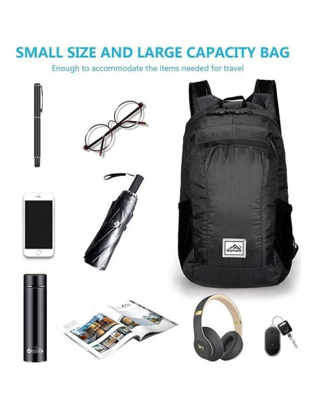 Mochila Plegable 20L Resistente al Agua para Senderismo - Negra