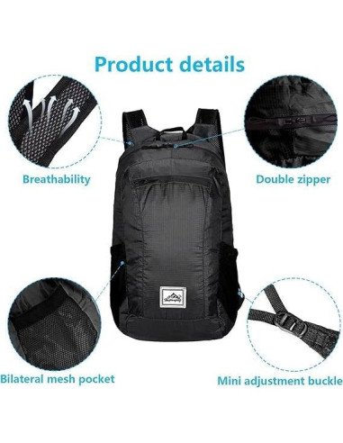 Mochila Plegable 20L Resistente al Agua para Senderismo - Negra