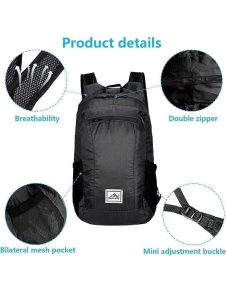 Mochila Plegable 20L Resistente al Agua para Senderismo - Negra