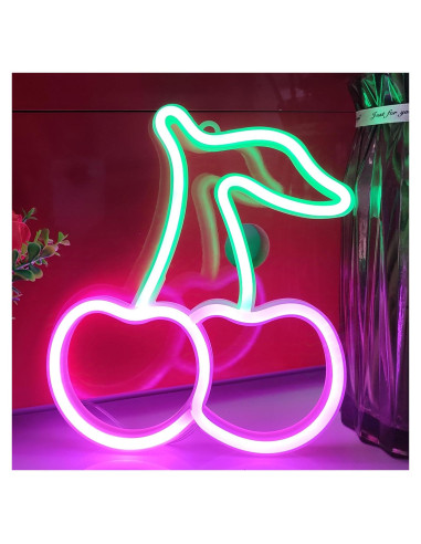 Letrero de Neón Cereza JYWJ LED USB y Pilas AA Verde/Rosa