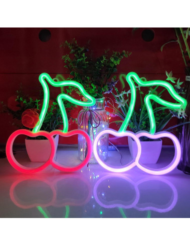 Letrero de Neón Cereza JYWJ LED USB y Pilas AA Verde/Rosa