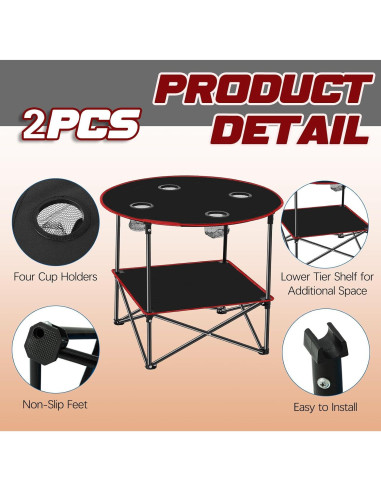 Mesa de Camping Plegable Soaoo 2 Pcs 72x72x62 cm con Portavasos