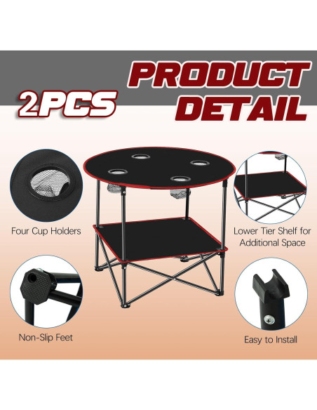 Mesa de Camping Plegable Soaoo 2 Pcs 72x72x62 cm con Portavasos
